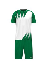 Groen en witte sporttrui met korte mouwen, voorzien van diagonale groene strepen en een V-hals; inclusief bijpassende shorts. Merkenlogo "JAKO" weergegeven.