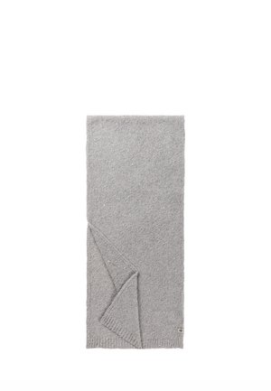 Light gray knitted scarf with a folded corner and small white speckles, lying flat on a white background.