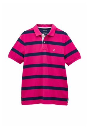 Herren-Polohemd mit kurzen Ärmeln, auffälligen horizontalen navyblauen Streifen auf leuchtend pinkem Stoff und kleinem weißem Logo auf der Brust.