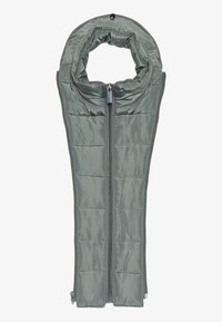 Sciarpa unisex imbottita di un verde tenue, con una texture liscia e lucida. Presenta una zip completa e un design oversize per calore e copertura.