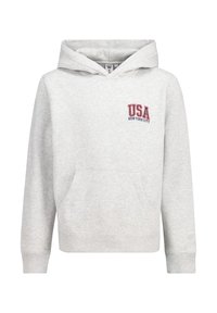 Gray hoodie made of cotton blend, featuring a front pocket and a drawstring hood. Red "USA" and "New York City" embroidered on the chest.