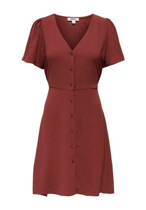 Rövid ujjú, rozsdavörös ruha V-nyakkal, gombos elülső résszel és enyhén texturált anyaggal, alkalmi viseletre tervezve.