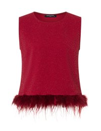 Mouwloze rode glittertop met ronde halslijn en pluizige verenrand aan de onderkant, maat 38, van Ana Alcazar.