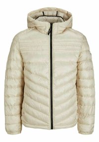 Light beige puffer jacket with a hood, featuring quilted texture, front zipper, and elastic cuffs. Minimalist design with no visible logos.