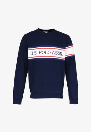 Námořnická modrá mikina vyrobená z bavlny, s kulatým výstřihem, červenými a bílými vodorovnými pruhy a textem "U.S. POLO ASSN." na hrudi.