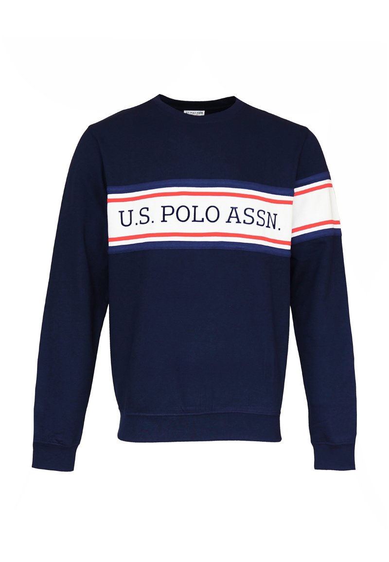 Námořnická modrá mikina vyrobená z bavlny, s kulatým výstřihem, červenými a bílými vodorovnými pruhy a textem "U.S. POLO ASSN." na hrudi.