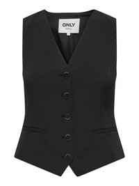 Black sleeveless vest with a V-neck design, six black buttons down the front, and two front pockets. Smooth, structured fabric.