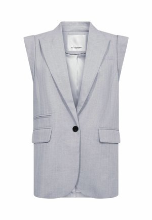 Sleeveless light gray blazer with a single black button, notch lapels, two front pockets, and a smooth texture.