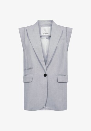 Bežis su rankovėmis šviesiai pilkas švarkas su viena juoda sagte, įpjovomis apykaklėmis, dviem priekinėmis kišenėmis ir lygiapviršiu audiniu.