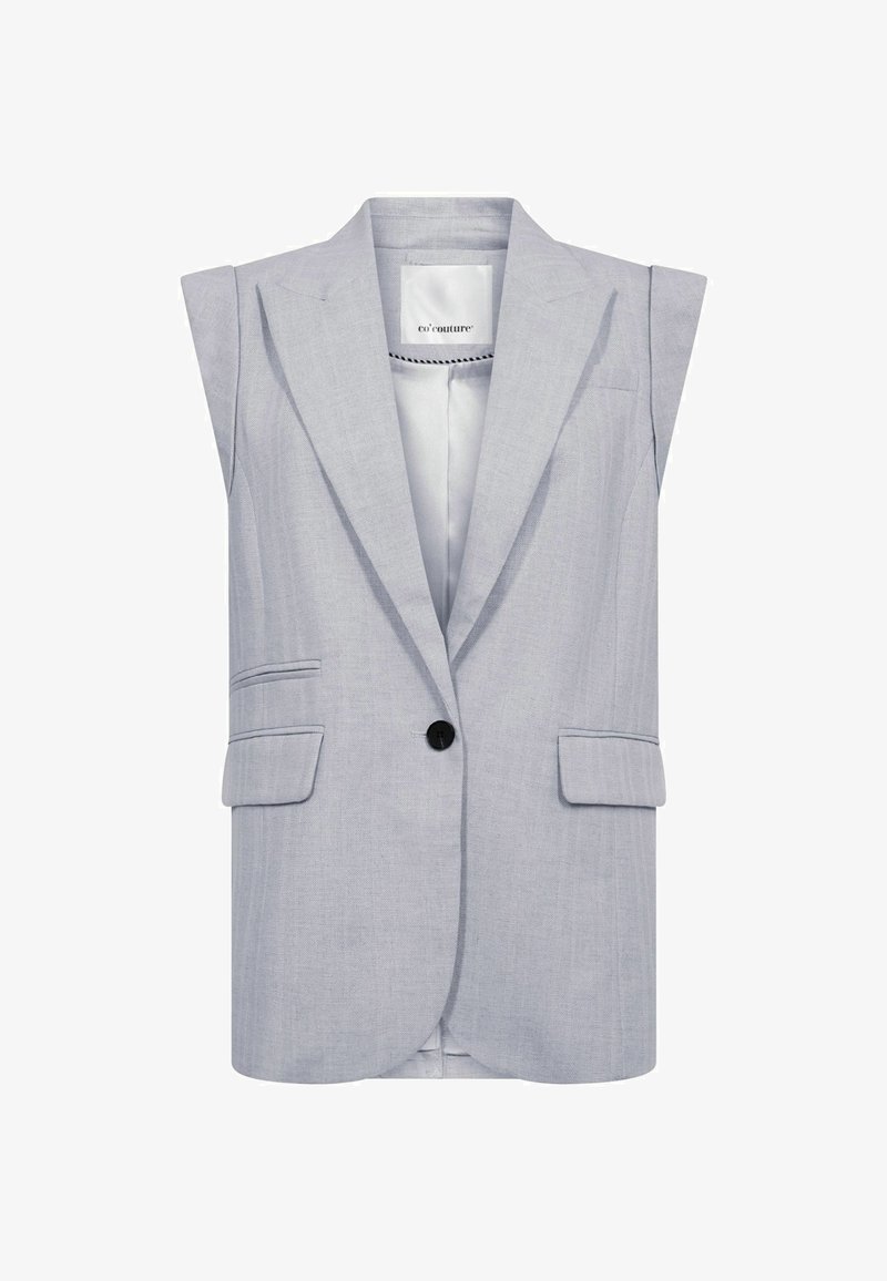 Ärmelloser hellgrauer Blazer mit einem einzelnen schwarzen Knopf, Reverskragen, zwei vorderen Taschen und einer glatten Textur.