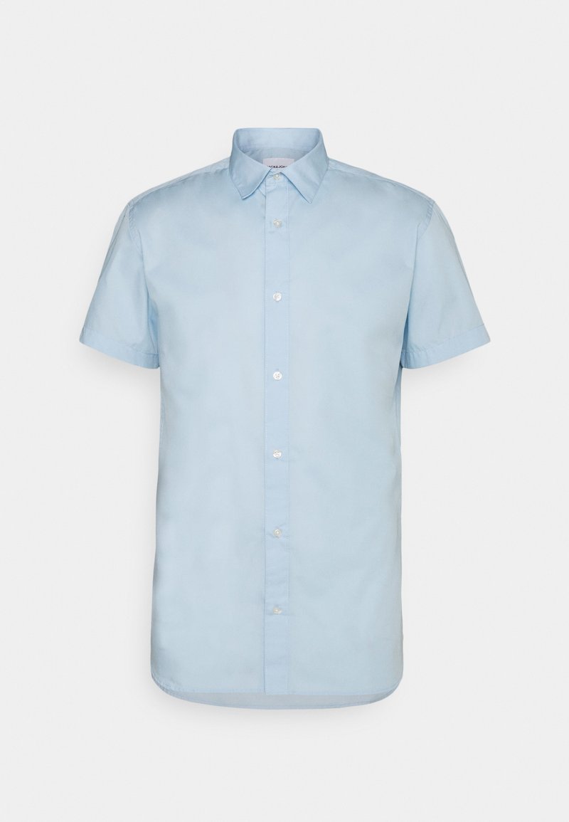 Light blue short-sleeved button-up shirt made of cotton. Features a classic collar, straight cut, and front button closure.