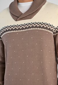 Bruine en crèmekleurige gebreide trui met een sjaalkraag. Voorzien van een Fair Isle-patroon en kleine witte vlekjes op een textuurrijk oppervlak.