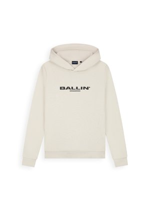Beige capuchontrui met lange mouwen en zwarte "BALLIN" tekst in het midden van de borst. Geribde manchetten en zoom.