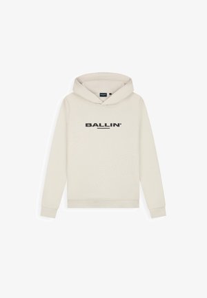 Beigefarbener Kapuzenpullover mit langen Ärmeln und schwarzem "BALLIN"-Text in der Mitte der Brust. Gerippte Bündchen und Saum.
