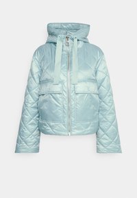 Gepolsterte, gesteppte Jacke in Hellblau mit Kapuze, Frontreißverschluss und zwei großen Taschen. Glattes, glänzendes Material mit Bindebändern am Hals.