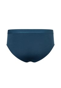Granatowe slipy wykonane z gładkiego materiału. Charakteryzują się miękką tasiemką w pasie, bezszwowymi plecami oraz zaokrąglonymi wycięciami nóg dla wygodnego dopasowania.