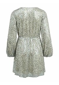 Kortärmad klänning med en åtsittande midja, metallisk leopardmönster på en ljus botten, texturerade paljetter och en avslappnad passform vid ärmarna.