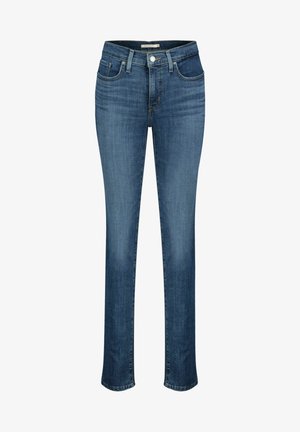 Mellemblå denimjeans med lige ben, knap- og lynlåslukning, bæltestropper samt lommer foran og bagpå.