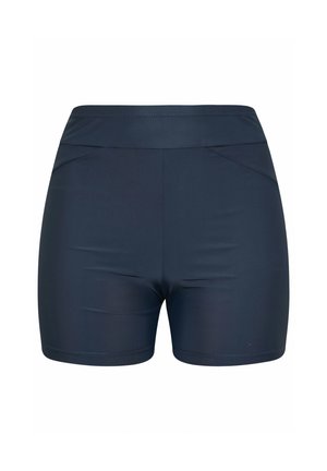 Laivastonsiniset urheilushortsit, joissa on korkea vyötärö ja hienovaraiset saumalistat edessä sivuilla.