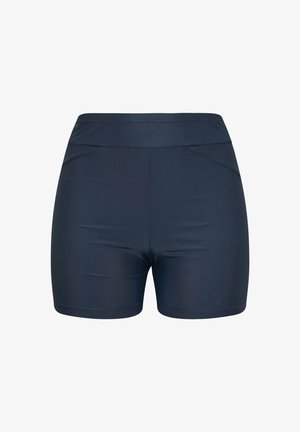 Pantalones cortos deportivos azul marino con una cintura alta y detalles sutiles de costuras en los laterales delanteros.