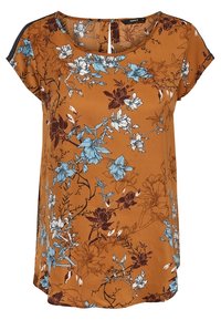 Blusa floral marrón con patrones de flores azules y blancas, mangas cortas, escote redondo y un corte relajado con un dobladillo ligeramente curvado.