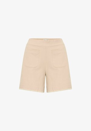 Pantaloni scurți din bumbac bej, cu un brâu lat, două buzunare frontale și margine din dantelă la tiv. Design simplu și structurat.