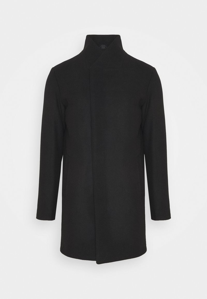 Schwarzer Wollmantel mit hohem Kragen, schlichtem Design, langen Ärmeln und geradem Schnitt. Keine sichtbaren Verschlüsse oder Akzente.