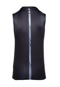 Mouwloze sporttanktop, marineblauw met een verticale grijze streep. Heeft een gladde textuur en subtiele stipaccenten op de schouders.