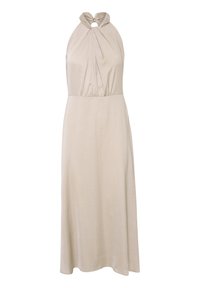Helles beige Halterkleid mit plissiertem Oberteil, Schlüsselloch-Ausschnitt und fließendem Rock. Hergestellt aus weichem, strukturiertem Stoff.