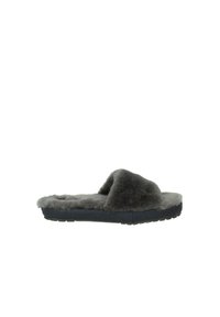 Pantofole grigie foderate in peluche, con una texture morbida, design open-toe e suola in gomma, dotate di doppie cinghie sulla parte superiore per una vestibilità sicura.
