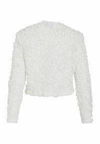 Veste courte blanche en tissu texturé à motifs floraux, avec manches longues et encolure ronde.