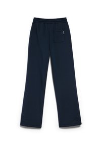 Pantaloni della tuta blu navy realizzati in tessuto morbido, caratterizzati da un design a gamba larga e una tasca posteriore. Vita elastica per il massimo comfort.
