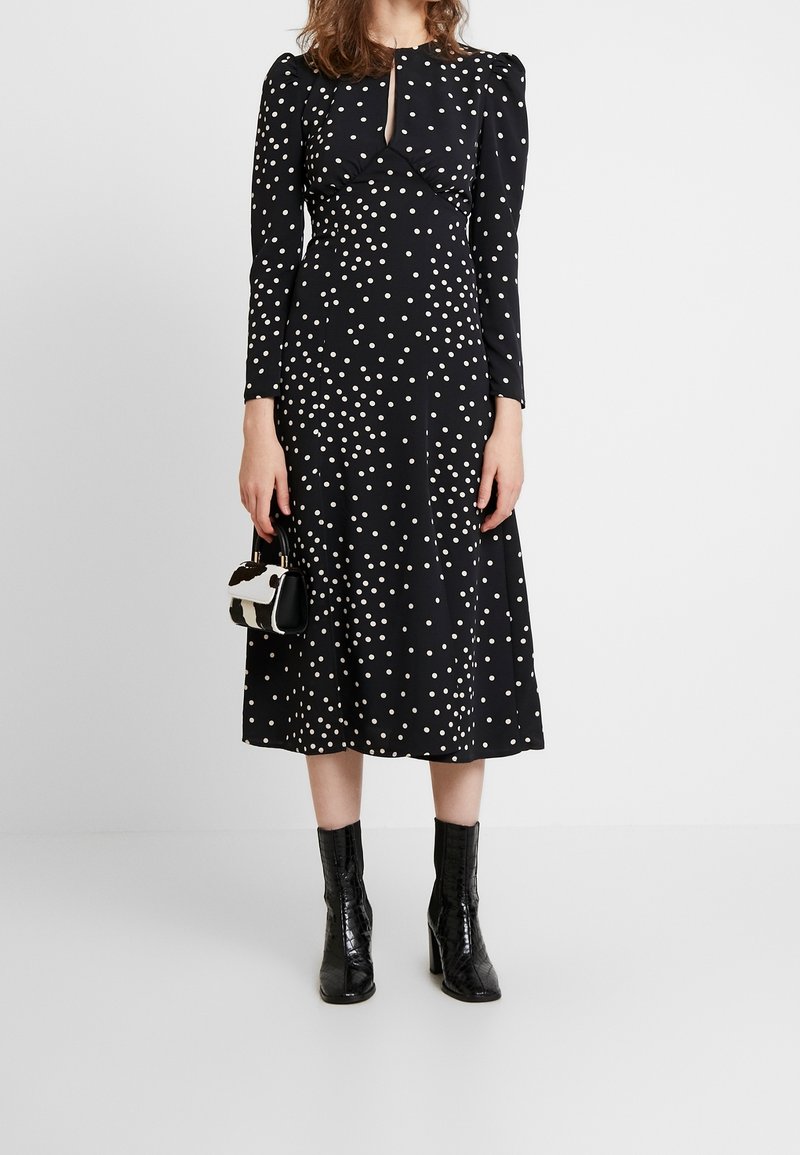 knee length dresses for ladies Rent Topshop Button Down V Neck Tie Front Midi Dress In Polka Dot Print