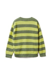 Pletený svetr s horizontálními zelenými a žlutými pruhy, kulatým výstřihem a volnými rukávy. Texturovaná látka s žebrovaným lemem.