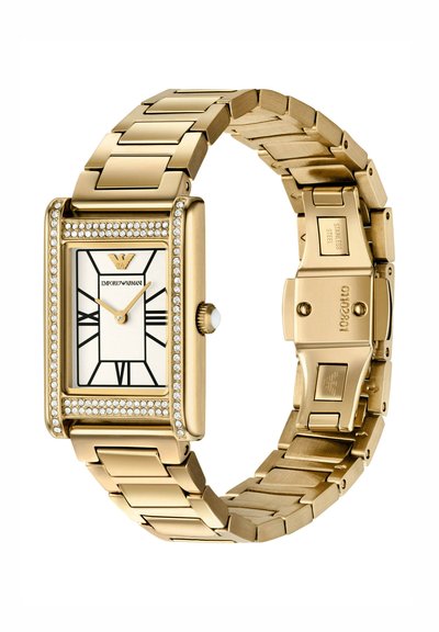 Goldene rechteckige Emporio Armani Armbanduhr mit kristallbesetzter Lünette, weißem Zifferblatt, römischen Zahlen und Gliederarmband aus Edelstahl.