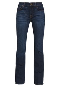Donkerblauwe denim jeans met een rechte pijp, voorzien van oranje stiksels, een frontale knoopsluiting en klassieke vijf-pocketstijl.