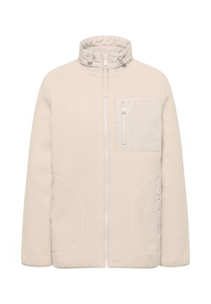 Beige fleecejack met hoge kraag, voorrits, ritsvak op de borst en twee zijzakken, ontworpen voor warmte en casual draagcomfort.