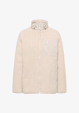 Beige Fleecejacke mit hohem Kragen, Vorderreißverschluss, Reißverschluss-Brusttasche und zwei seitlichen Taschen, entworfen für Wärme und lässigen Tragekomfort.