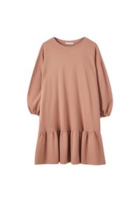Hellrosa, knielanges Kleid mit rundem Ausschnitt, langen Ärmeln und einem schwingenden Rüschensaum. Hergestellt aus weichem, atmungsaktivem Stoff.