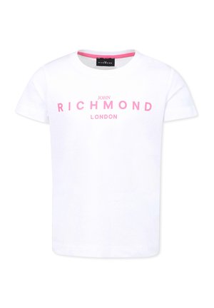 T-shirt bianco in cotone con testo stampato in rosa "JOHN RICHMOND LONDON." Design a maniche corte e collo rotondo. Tessuto con texture liscia.