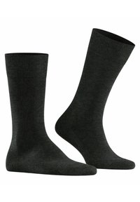 Dunkelgraue gestrickte Socken mit geripptem Bündchen, glatter Textur und verstärkter Spitze sowie Ferse. Geeignet für Freizeit- oder formelle Anlässe.