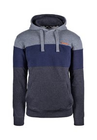 Sudadera con capucha hecha de una mezcla de tela gris y azul marino. Cuenta con un bolsillo en la parte frontal y capucha con cordón. Patrón texturizado en el pecho.