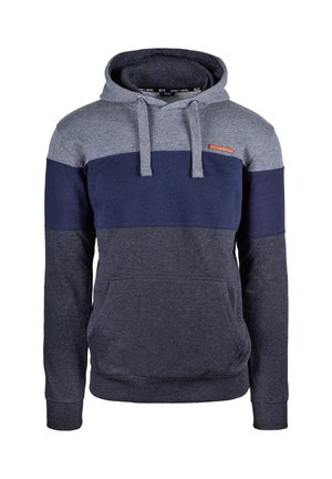 Kapuzensweatshirt aus einem gemischten grau-blauen Stoff. Verfügt über eine Vordertasche und eine Kordelzugkapuze. Strukturiertes Muster über der Brust.