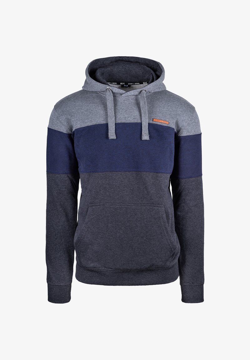 Felpa con cappuccio realizzata in tessuto misto grigio e blu navy. Presenta una tasca frontale e un cappuccio regolabile con cordini. Motivo testurizzato sul petto.