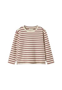 Maglietta a maniche lunghe a righe in crema con righe orizzontali color bordeaux. Presenta un colletto rotondo e una vestibilità rilassata. Realizzata in morbido cotone.