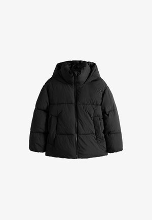 Mustapuffer-takki, jossa on huppu, etu vetoketju ja sivutaskut. Muotoilu sisältää tikatun kuosin ja tekstuuripinnan.