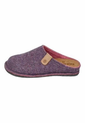 Purple felt slipper with pink accents. Features a rounded toe, open back, and leather tag. Textured upper and black rubber sole.