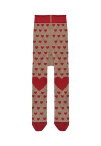 Collant color marrone chiaro con un motivo a cuori rosse. La vita e i disegni a cuore sono di colore rosso, con una finitura morbida e testurizzata in tutta la superficie.