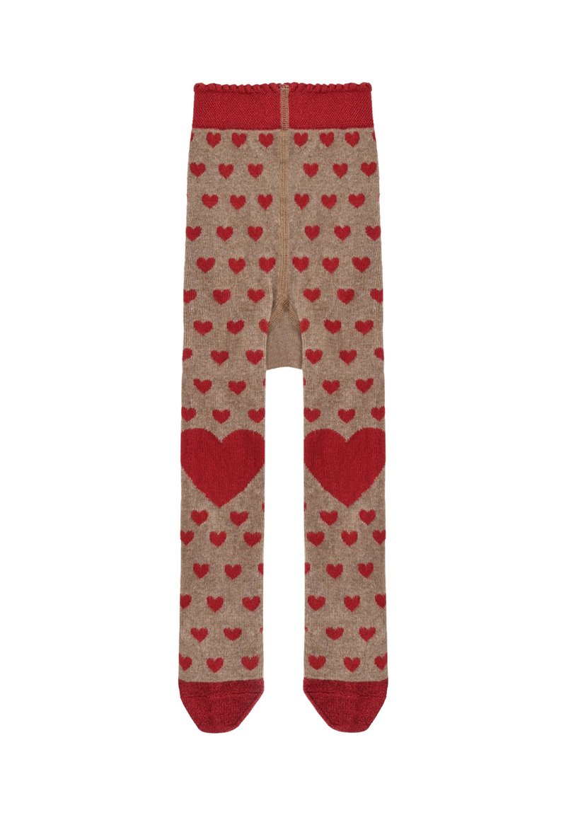 Collant color marrone chiaro con un motivo a cuori rosse. La vita e i disegni a cuore sono di colore rosso, con una finitura morbida e testurizzata in tutta la superficie.