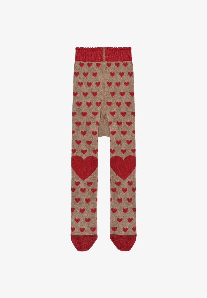 Collant color marrone chiaro con un motivo a cuori rosse. La vita e i disegni a cuore sono di colore rosso, con una finitura morbida e testurizzata in tutta la superficie.